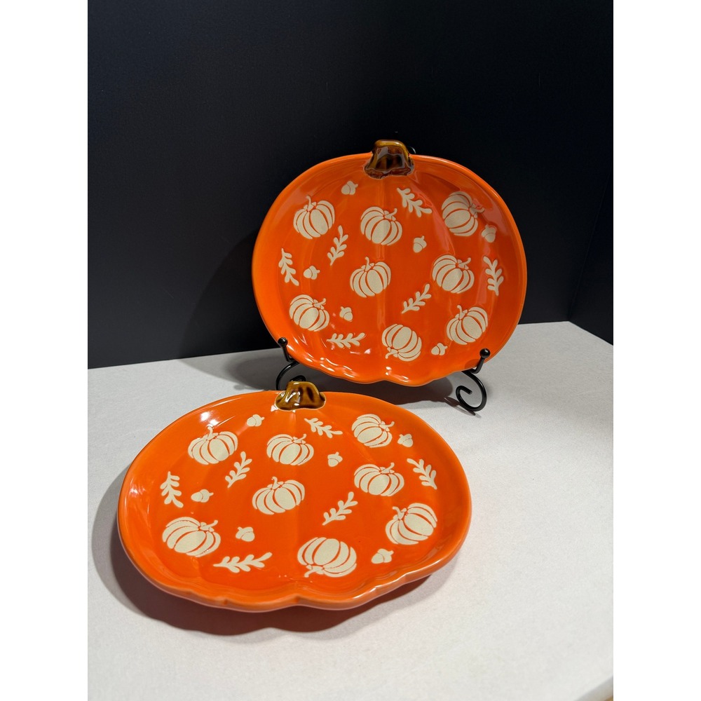 Set of 2 Orange Ceramic Pumpkin Plates Fall Harvest Halloween Serving Decor